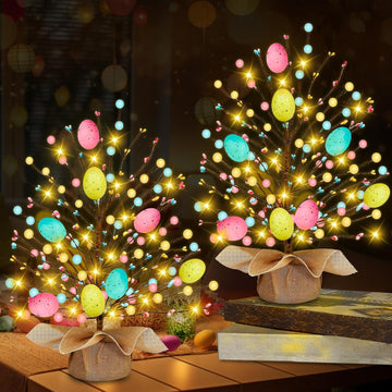 & Timer - Easter Decorations, Easter Tree Tabletop with 20 Warm White Lights Battery Operated 19 Inch 8 Large - Set of 2