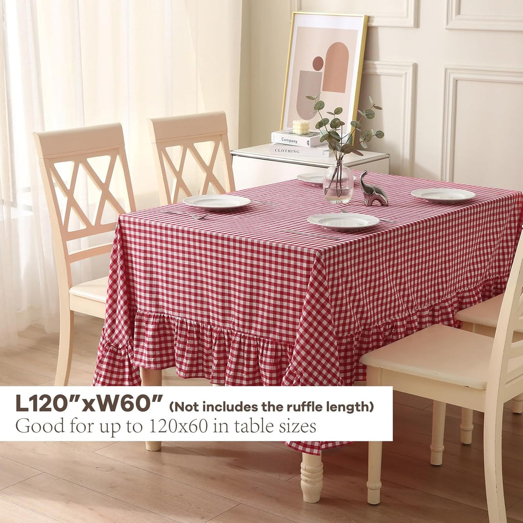 Red White Plaid Ruffled Table Cloth Rectangular for Seat 8-10, 100% Washed Cotton Buffet Cottage Coq