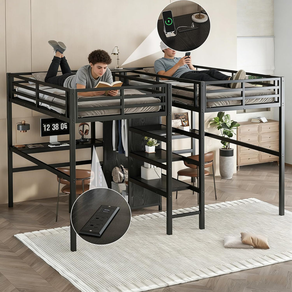 Twin Over Twin Metal Loft Bed with Desk and Wardrobe for 2 Kids,Twin Heavy Duty Double Loft Bed Frame with Charging