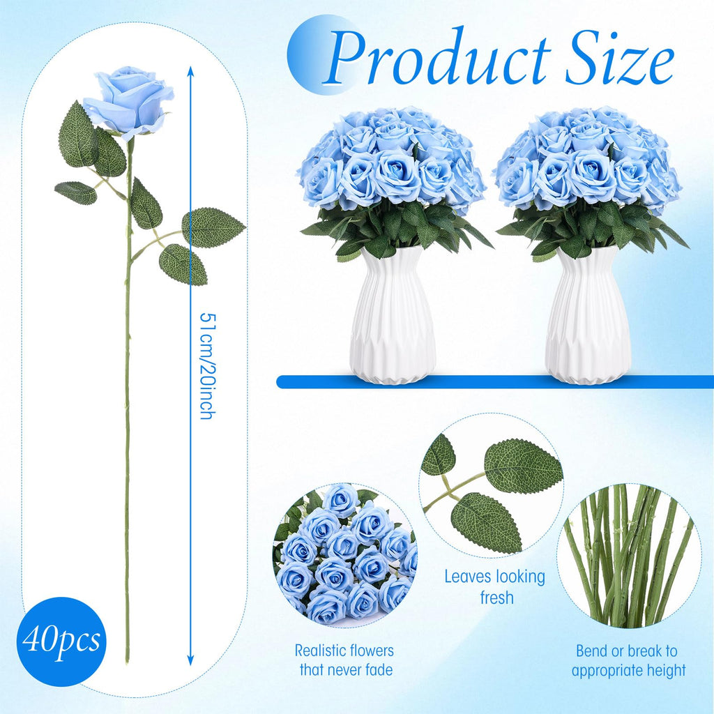 40 Pcs Artificial Roses Bulk, Long Stem Fake Flowers, Light Blue