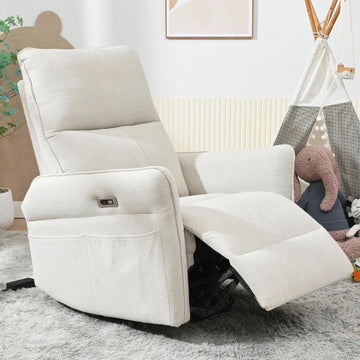 Power Swivel Rocker Recliner Chair, Upholstered Snowflake Velvet 270°Swivel Glider Rocker Chair with USB Ports