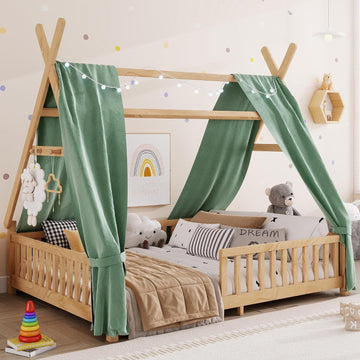 Montessori Bed Full Size with Light and Slats, Wood Teepee Floor Bed for Kids Boys Girls,House Bed Frame with Rails &