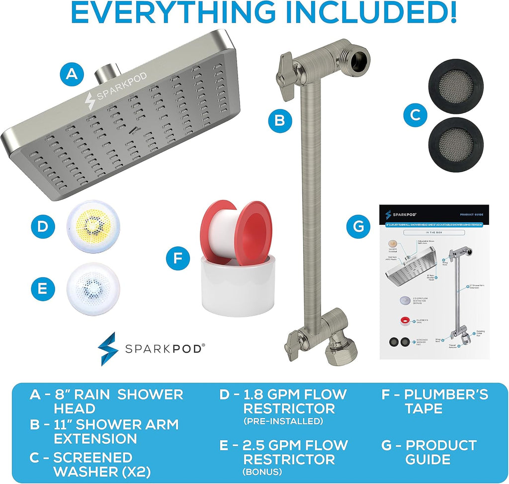 Square Rain Shower Head with Extension Arm - Height Adjustable Shower Head with High Pressure Performance