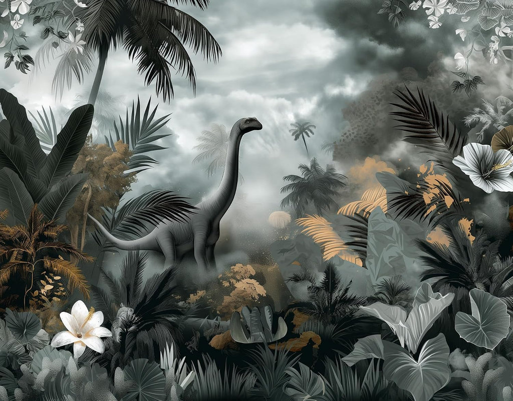 Dinosaur Peel and Stick Wallpaper Mural, Prehistoric Jungle Green | Seamless edge-to-edge match for easy DIY.
