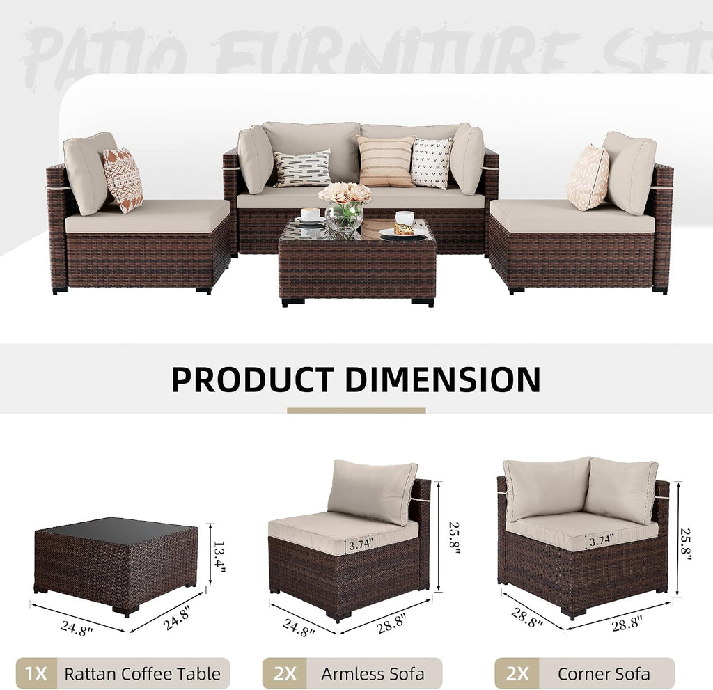 5-Piece Wicker Patio Furniture Set with Coffee Table, Beige | Outdoor sectional sofa set, patio conversation set for