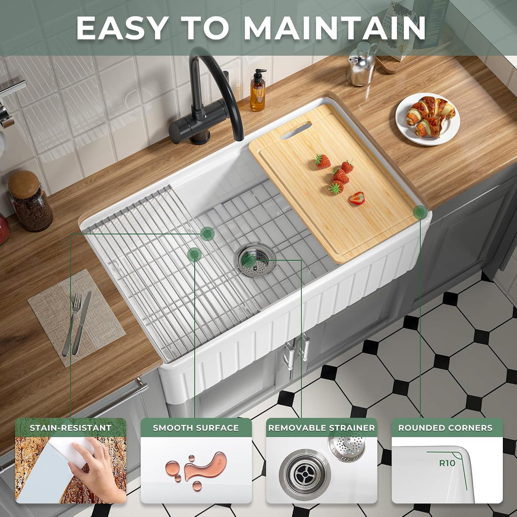 33 Inch Fireclay Farmhouse Sink White Fluted Apron Front Workstation | Heavy Duty Single Bowl Kitchen Sink, 33"W x