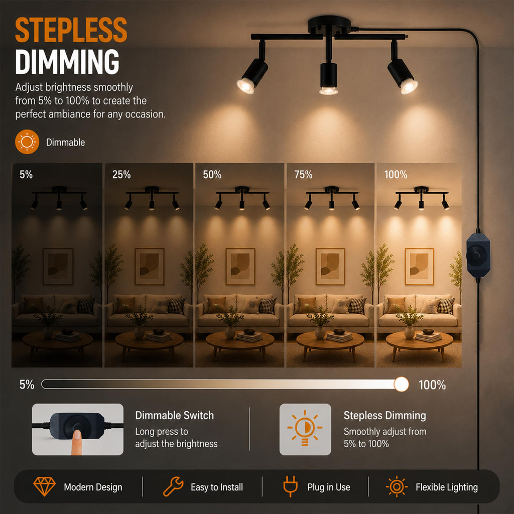 Dimmable Plug in Track Lighting,Plug in Ceiling Light Fixture,Balck 3 Light Track Light with 16.4' Long Cord,Dimming