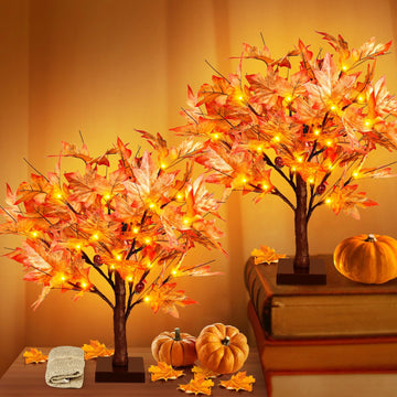 36 LED Lighted Fall Maple Tree - 1.5FT Thanksgiving Tabletop Lamp Decor with, 72 Maple Leaves, 6 Acorns, Timer