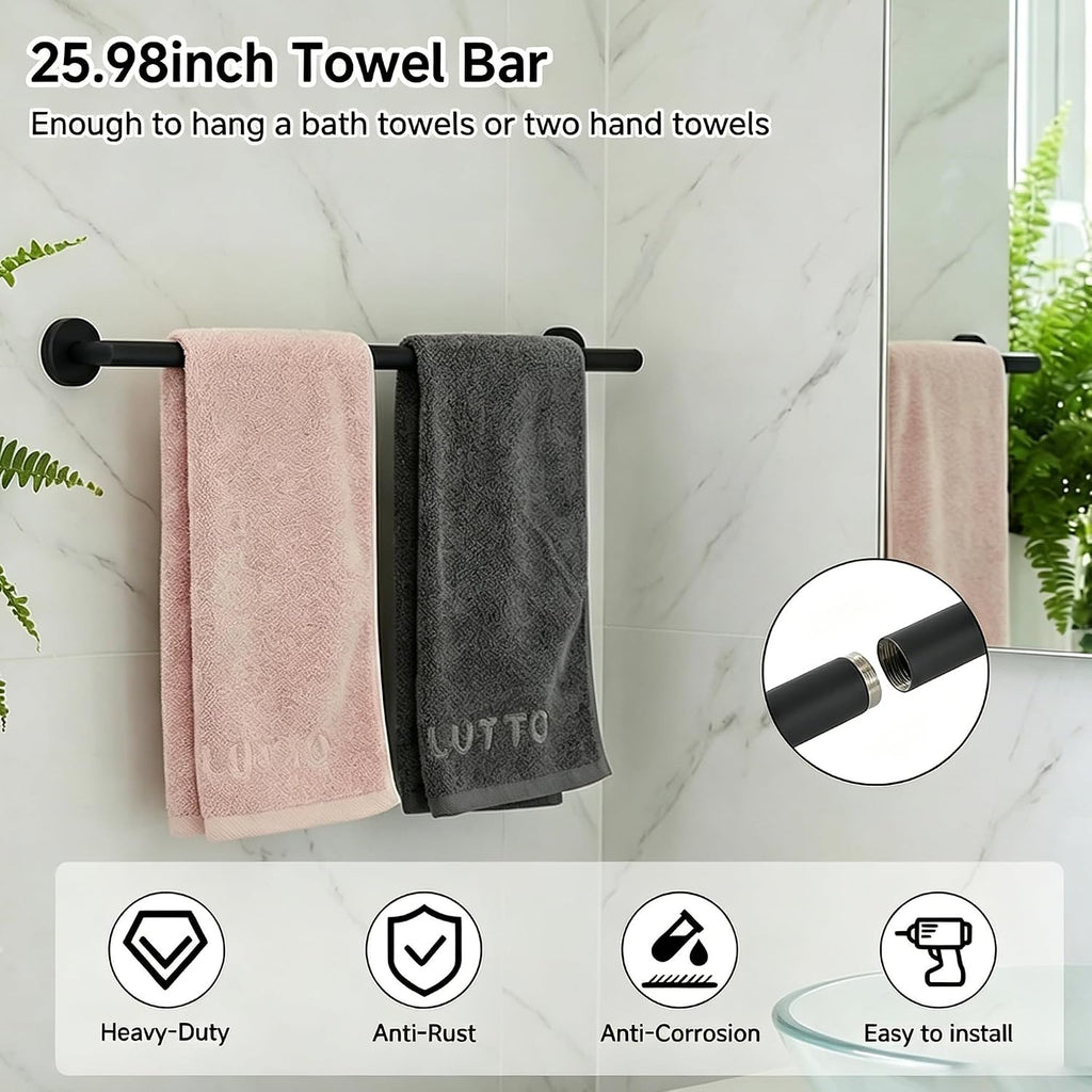 7-Piece Bathroom Hardware Accessories Set, SUS304 Towel Bar, Black | 25.9-Inch Towel Rack, Oval Towel Ring, Toilet