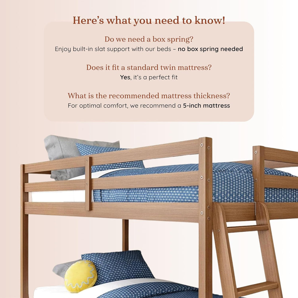 Bear Twin Over Twin Bunk Bed, Low Bunk Bed Frame for Kids, Bunk with Ladder, Guardrail, and Slats