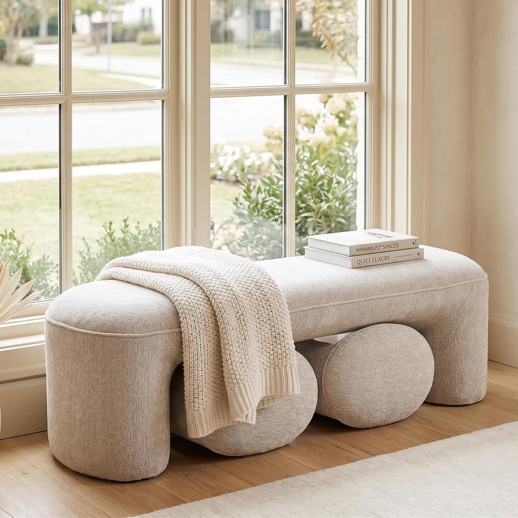 53" Upholstered End of Bed Bench with 2 Nesting Ottoman Stools, Modern Chenille Bedroom Bench for King/Queen Bed