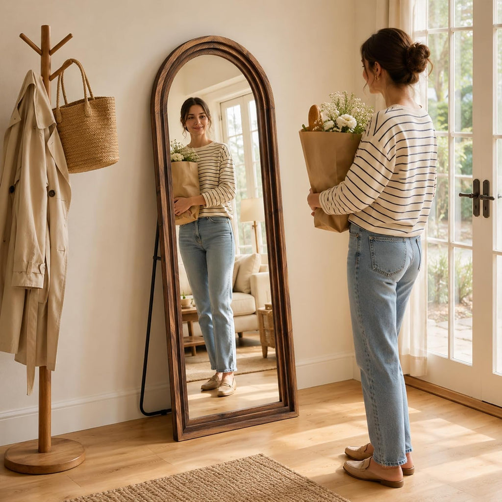 Arched Wood Floor Mirror with Stand, 63" x 21" Rustic Walnut Triple-Layer Solid Wood Frame Full Length Body