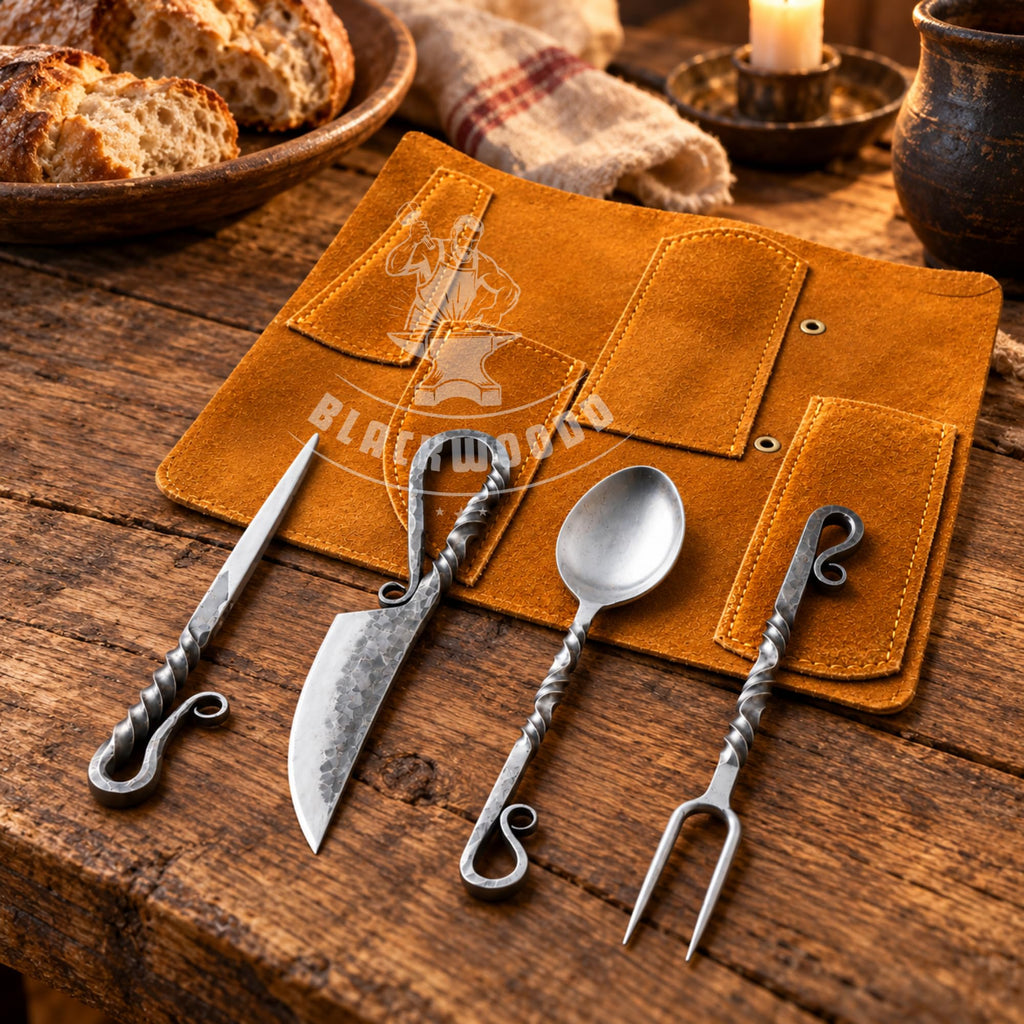 Hand Forged Medieval Cutlery Set - Viking Silverware Set with Leather Cover