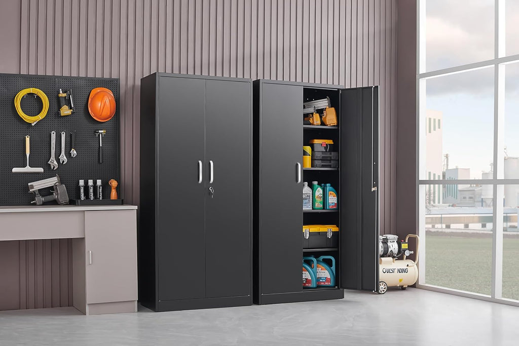 Metal Storage Cabinet with Adjustable Shelves, Garage Cabinet with 2 Lockable Doors, Garage Storage Cabinet, Kitchen