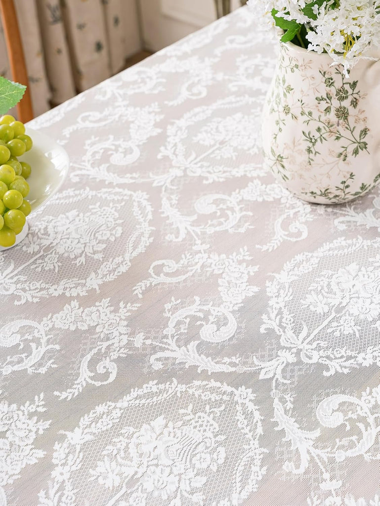 White French Lace Ruffle Tablecloth 60 x 102 Inch with Ruffled Edge, Fits Round and Rectangular Tabl