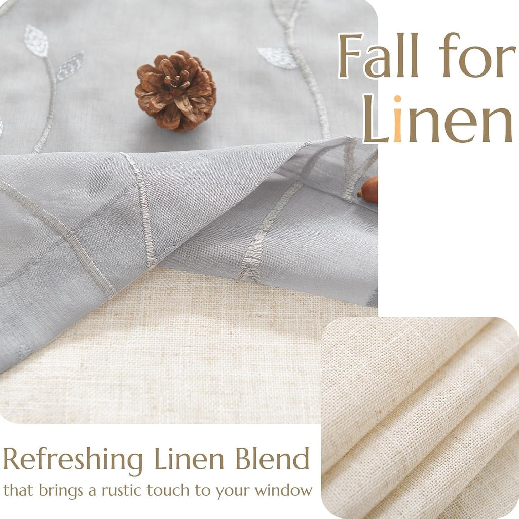 Linen Valance Sheer Double Layer Kitchen Window Curtain Leaf Embroidered Valance for Living Room Cafe Farmhouse Light
