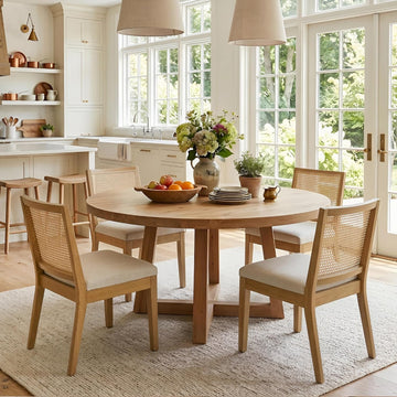 Farmhouse Rattan Dining Chairs Set of 4, Natural Solid Hardwood Frame, Upholstered Linen Seat, Ergonomic Cane Back