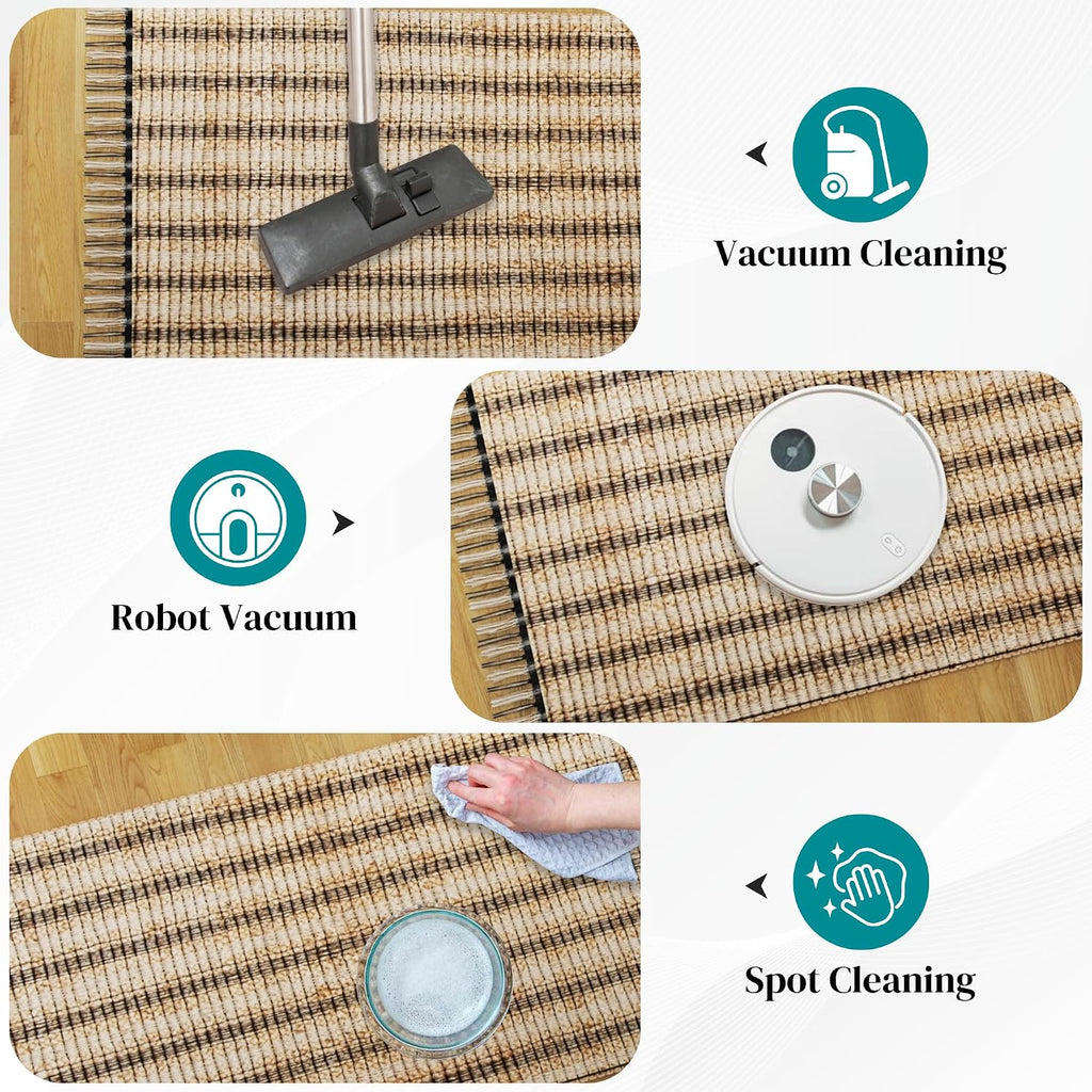 Jute Area Rug 8x10 ft - Soft Handwoven Striped Natural Fiber Rug, Eco-Friendly Braided Indoor Floor Mat, Non-Slip