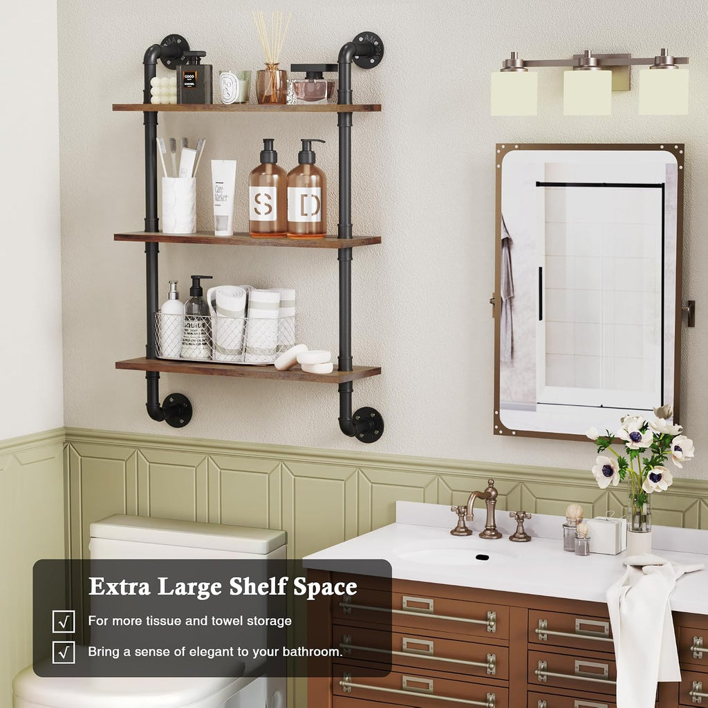 3 Tier Rustic Floating Shelves Industrial Pipe Floating Shelf | Wall Mounted for Wall, Kitchen Storage Shelves