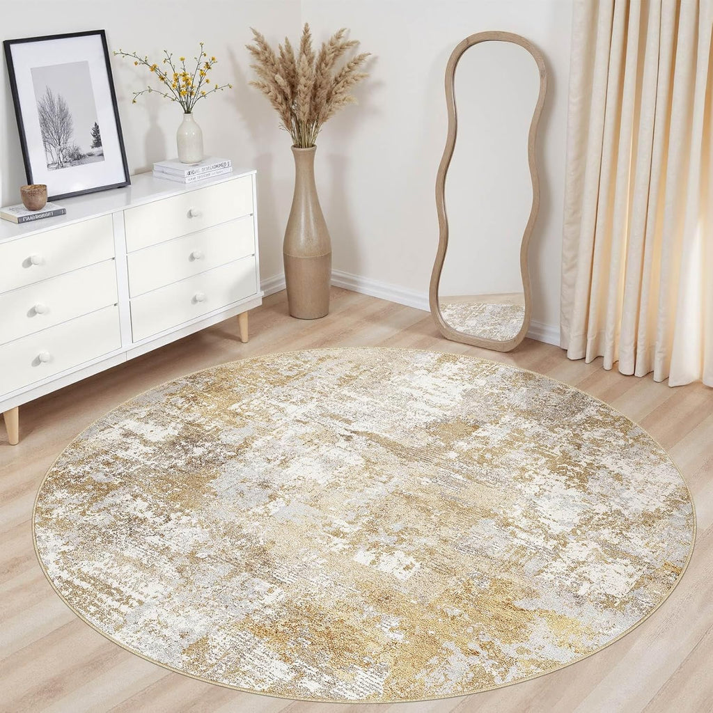 Washable 8' Round Area Rug for Living Room: Modern Abstract Neutral Large So' Thin Rugs - Non Slip I
