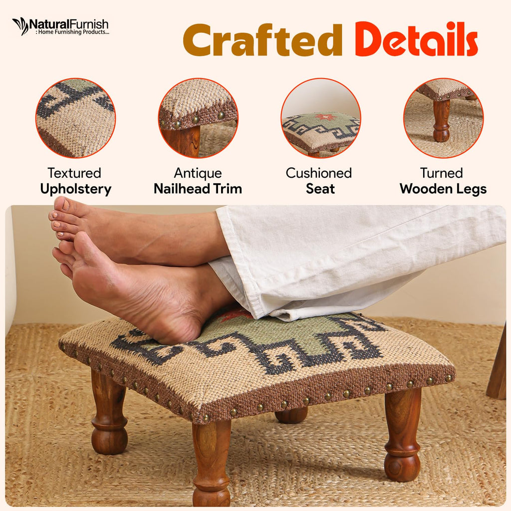 Upholstered Ottoman Footstool with Tribal Aztec Fabric | Rustic Wooden Accent Stool with Turned Legs | Decorative