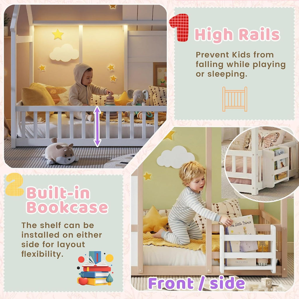 Tw Bed with LED Light and Bookcase, White House Bed for Kids with Rails, Roof and Window, Wood Twin Montessori Floor