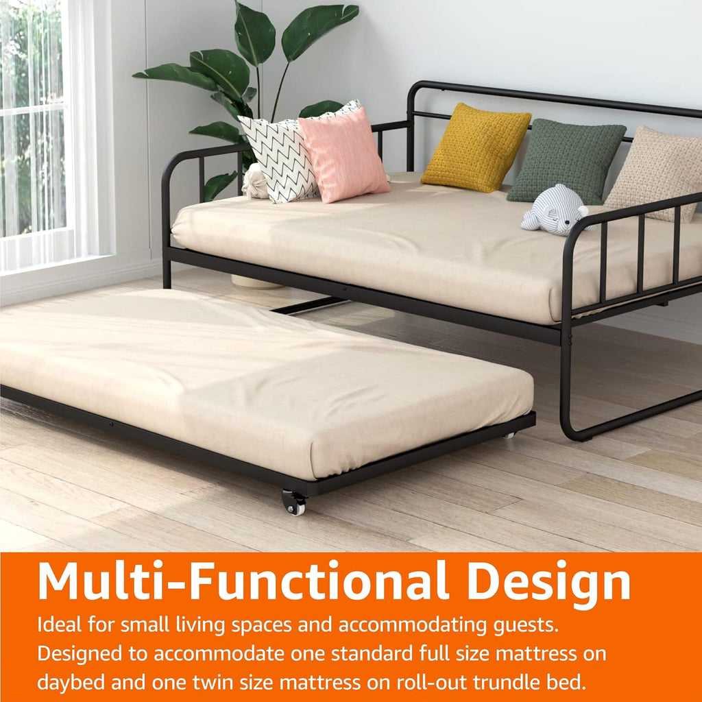 Full Size Daybed and Twin Size Trundle Bed Frame Set, Space Saving Steel Slat Support, Sturdy Metal Design, Easy