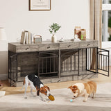 Dog Crate Furniture for 2 Dogs, Dog Kennel Indoor with 4 Storage Drawers and Feeding Bowls