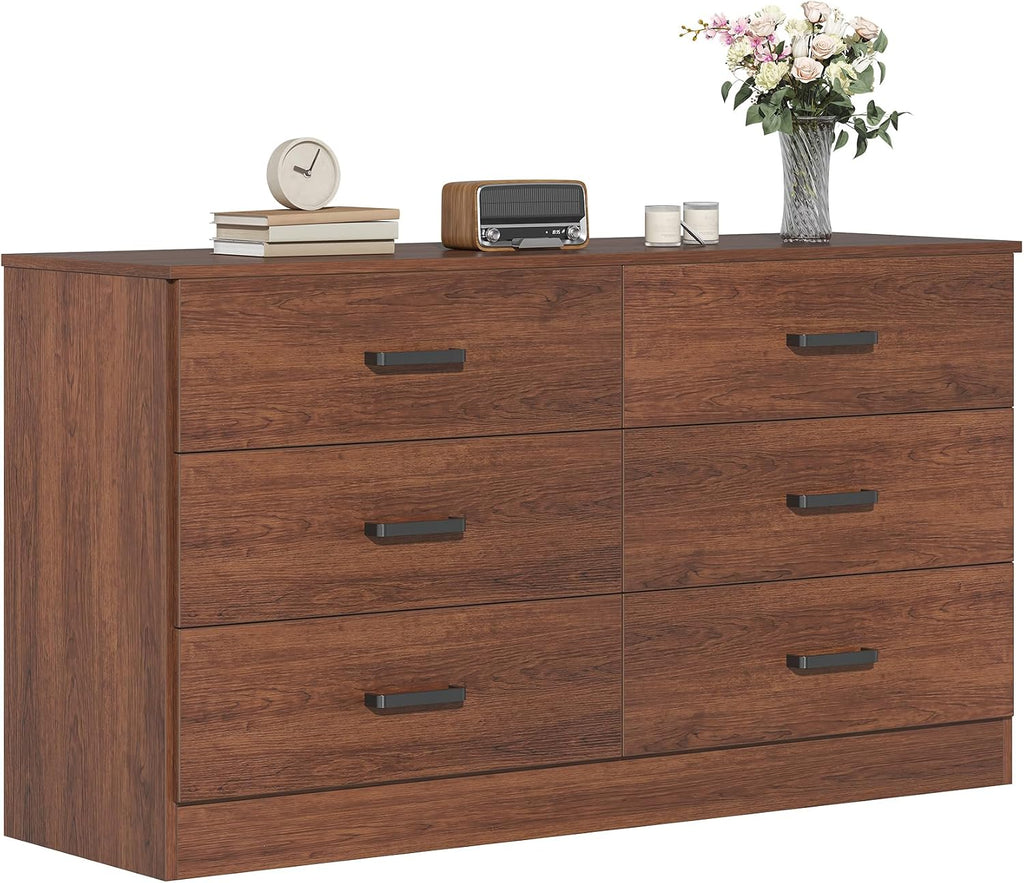 Wood Dresser , 6 Drawer Double Dresser, Mid Century Modern Chest of Drawers with Deep Drawers, Large Storage