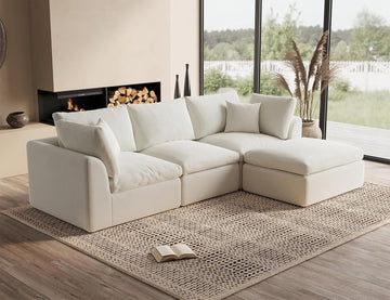 110" Cloud Sectional Couches , Convertible L-Shape Couch with Ottoman, 3 Seater Modular Sectional Sofa, Warm White