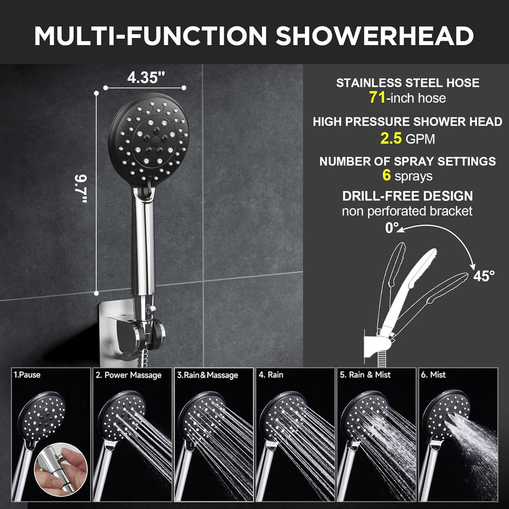 Wide High Pressure Rain Shower Head with Handheld, Handheld Shower Heads with Multi Spray Modes