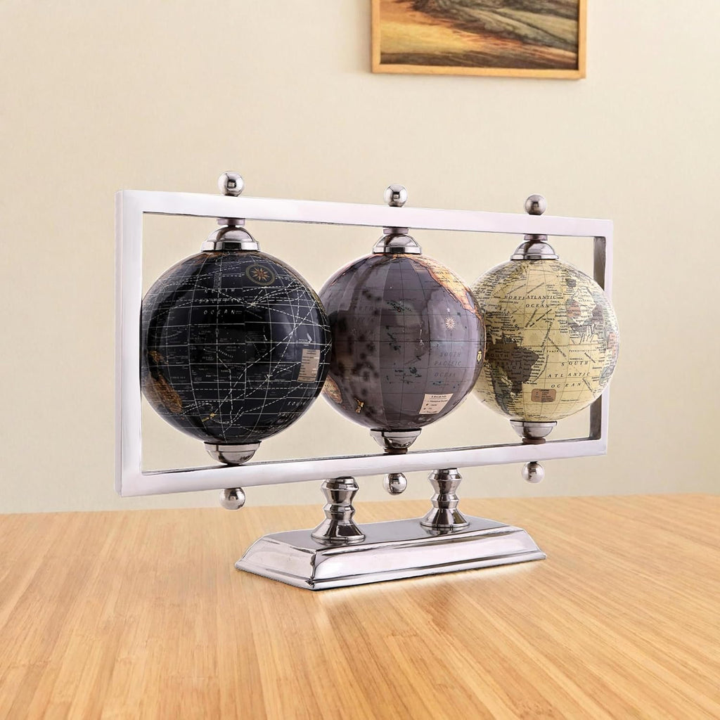 4'' World Globes Sturdy Metal Silver Stand Rotating Desktop Globe For Geographic Home Decorative Desk Table - Set of 3