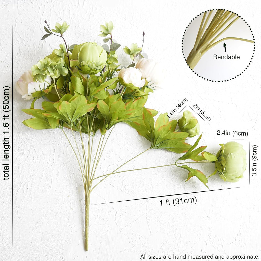 Artificial Peony Bouquets, 2 Cream Beige & Moss Green Silk Flower Bundles for Wedding Centerpieces & Home Decor