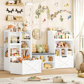 Kids Bookshelf with Reading Nook, Toy Organizer with Seat Bench | Large Toy Storage Toy Organizer with Seat Cushion
