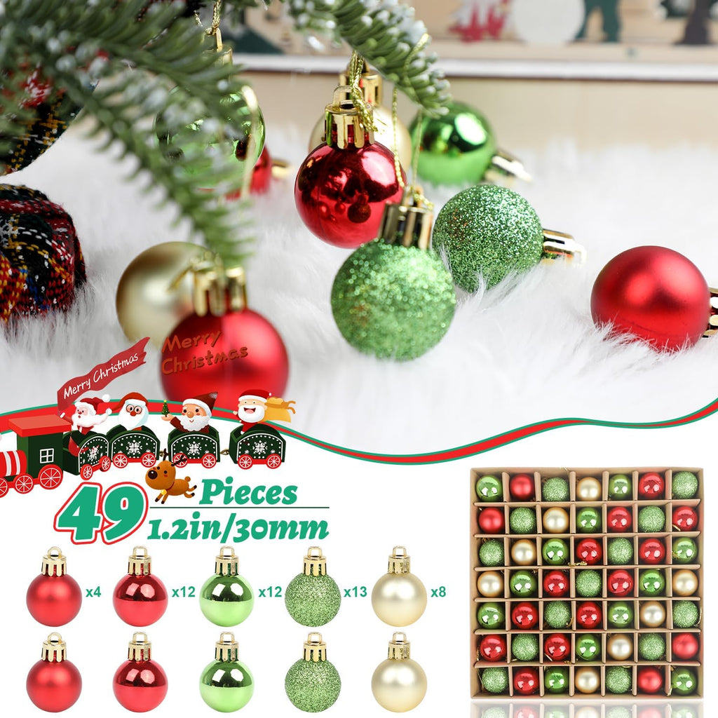 Mini Christmas Balls Tree Ornaments, 1.2 Inch Small Shatterproof Xmas Hanging Decorations Red Green Gold - Set of 49