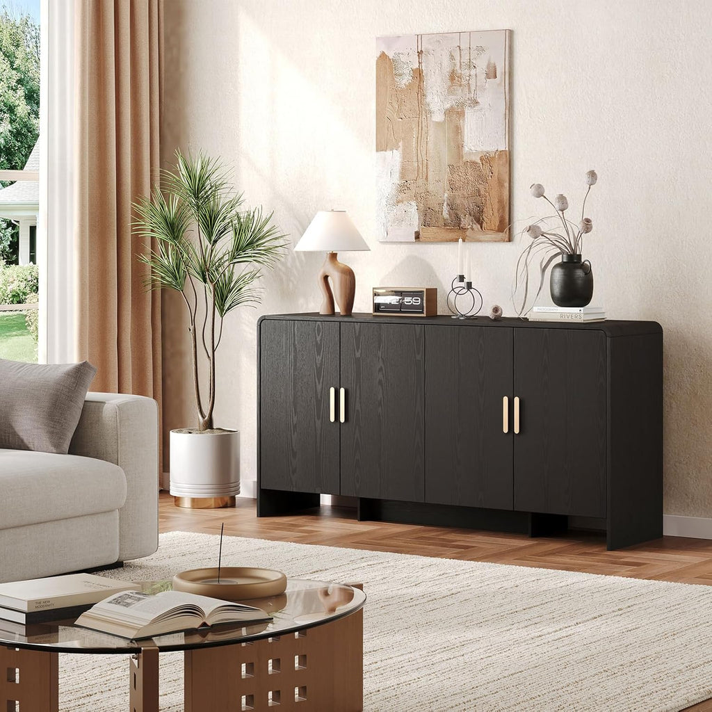 60" Sideboard Buffet Cabinet, Large Curved Design Storage Cabinet with 4 Doors & 2 Adjustable Shelves, Sturdy Build