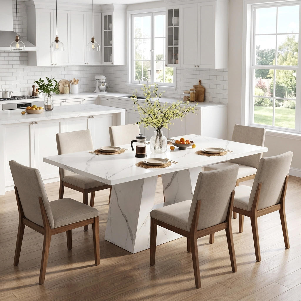 63" Modern Faux Marble Dining Table for 6, Rectangle, White