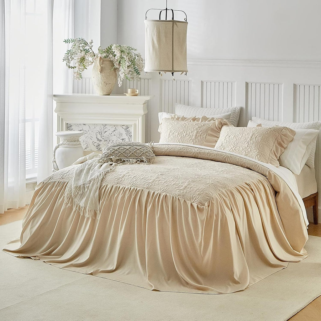 Ruffle Skirt Bedspread Set Floral Design - 30" Long Drop Vintage Cream Chic Ruffled Summer Coverlet Bed Quilt Boho