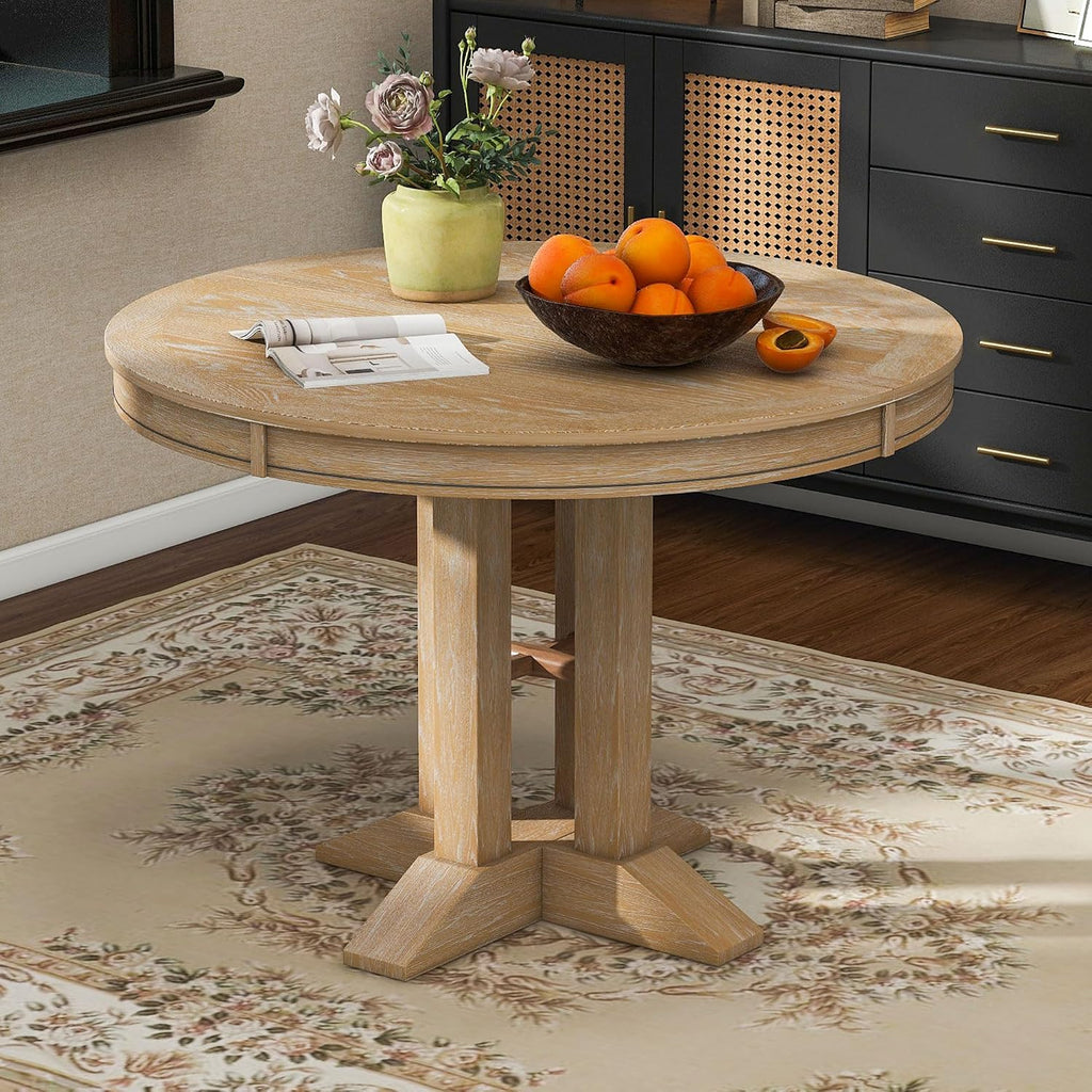 Mid-Century Modern Functional Extendable Round Dining Table with 14" Leaf,Oval Extendable Wooden Dining Table