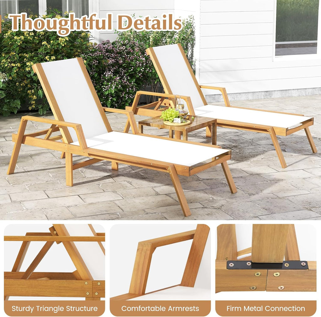 Wood Chaise Lounge Chair Outdoor, Patio Sun Lounger with Adjustable Back, Acacia Wood Lounge Chair with Breathable