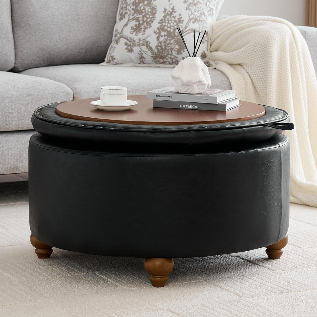 30Inch Round Storage Ottoman with Tray, Modern Tufted Leather Circle Coffee Table with Storage, Upholstered Ottoman