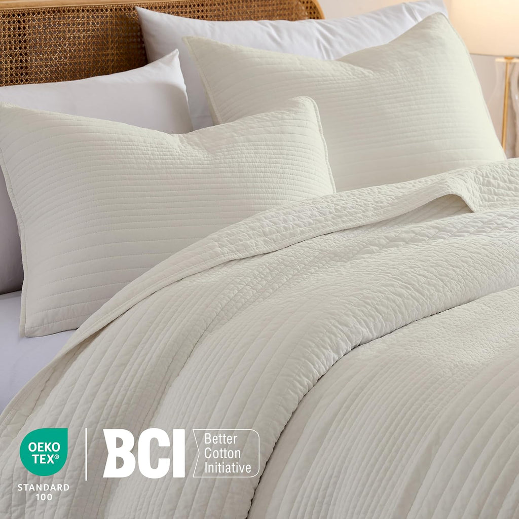 Striped Beige 100% Cotton Quilt Twin Bedding Sets, Lightweight Crinkly Channel Pick Stitch Textured Bedspread Soft