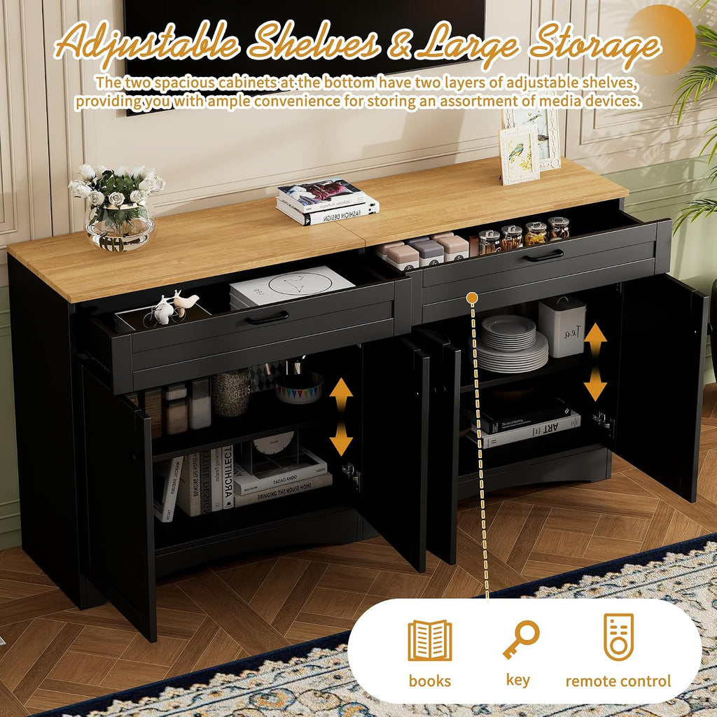 Modern 3 Piece TV Stand with 2 Bookshelves for TVs up to 70'', Mid-Century Solid Wood Entertainment Center with Storage Cabinets, Practical Media Console for Living Room, Bedroom, Black