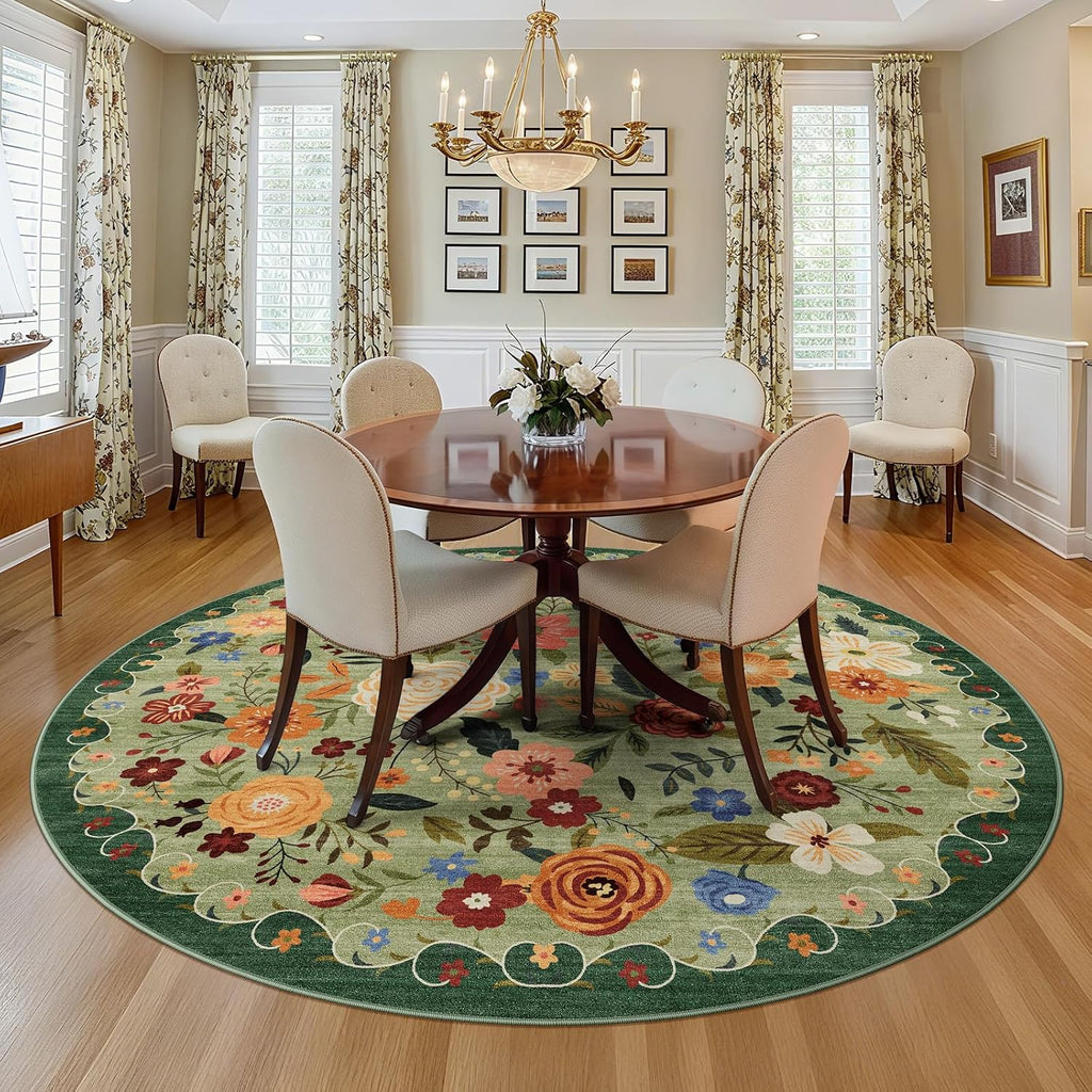 6ft Round Washable Area Rug Green Boho Floral Bedroom