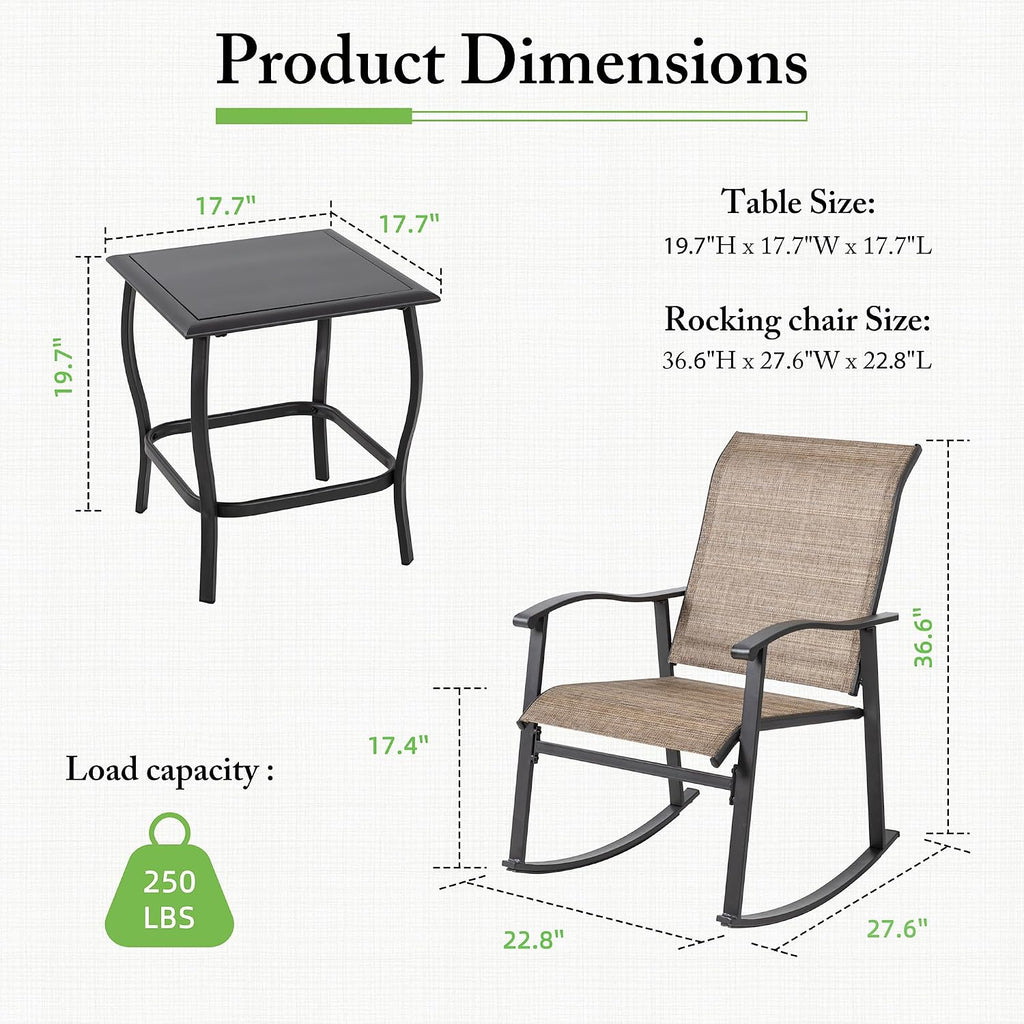 Rocking Chair Outdoor with Table, 3 Piece Rocking Patio Bistro Set, Outdoor Furniture Set with Metal Frame and