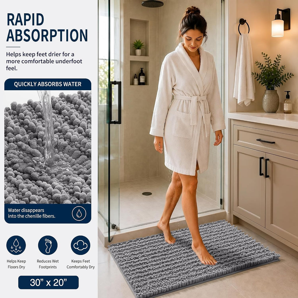 Bathroom Rug Set 3 Piece - Super Absorbent Quick Dry Chenille Bath Mats & Toilet Rug, Non Slip Machine Washable