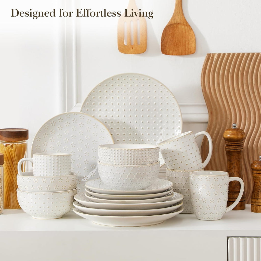 16 Pieces Dinnerware Sets, Modern Relief Design Plates and Bowls Sets, White Dish Set for 4