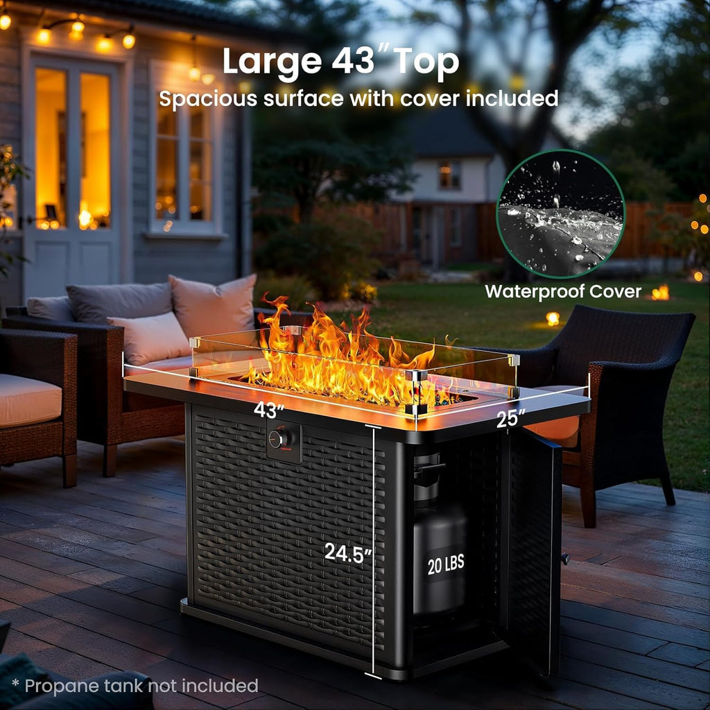 43-Inch Rectangular Propane Fire Pit – 60,000 BTU Output, Premium Gas Fire Pit Table for Outside Patio, 304 Stainless Steel H-Burner, Glass Stones & - Image 3