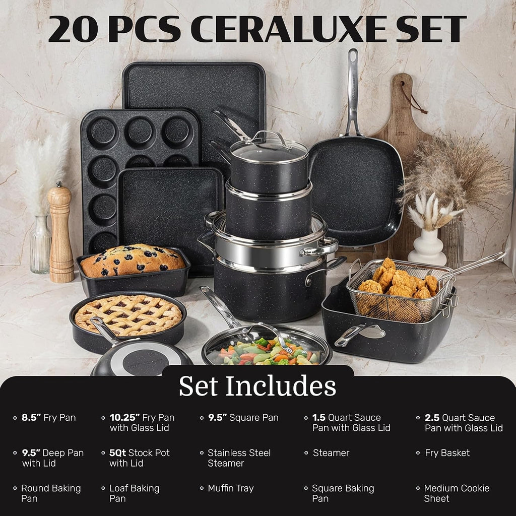 Ceraluxe 20Pc Pots and Pans Set Non Stick Ceramic Cookware Set | Deep Frying Pan & Bakeware Set Included, Non Toxic