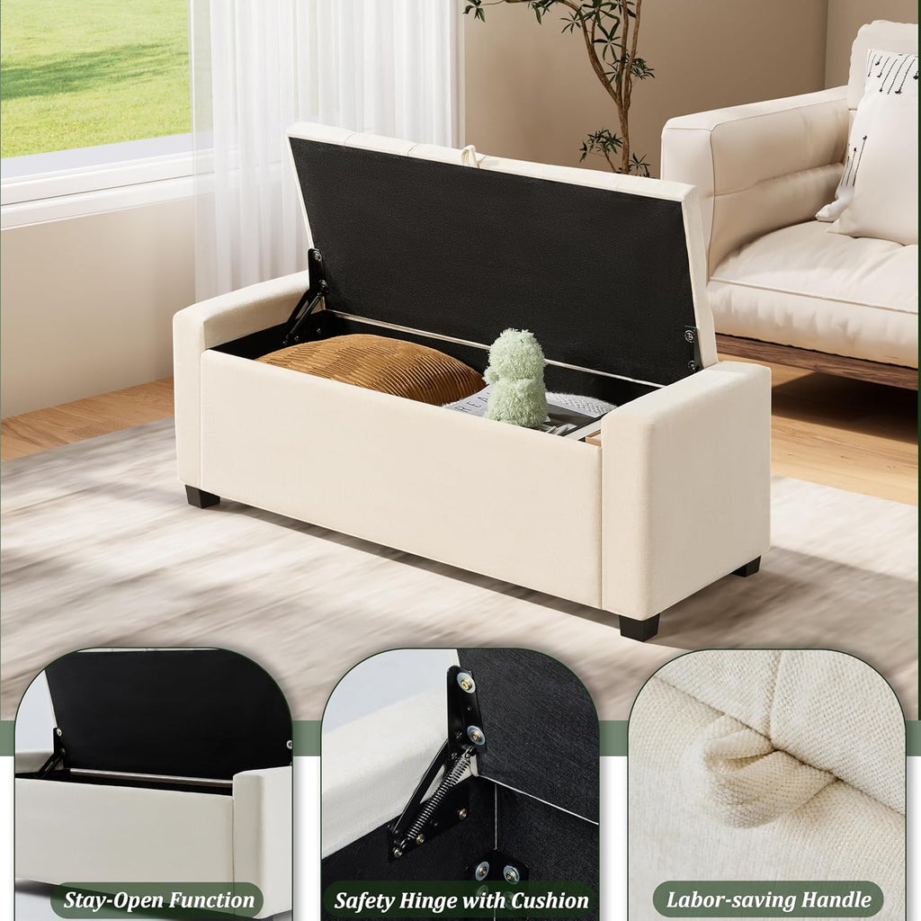 Ottoman with Storage,Tufted Storage Bench with Safety Hinge,Holds up to 350 lb,Upholstered Bench with Seating ,Linen